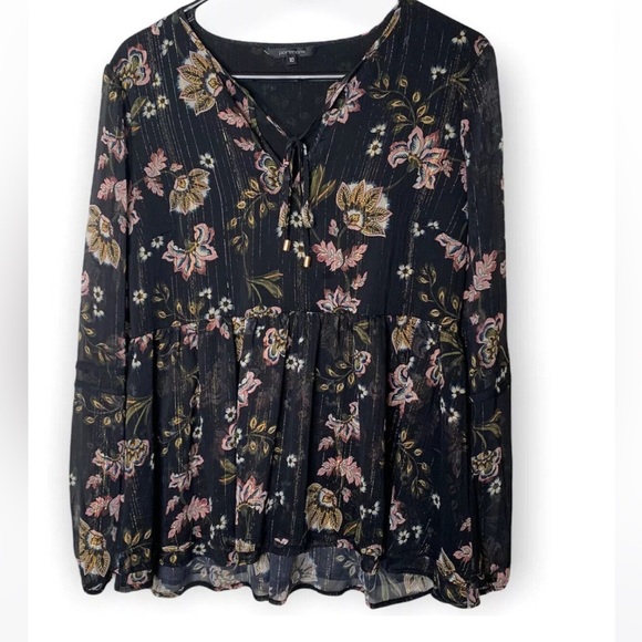 Portmans Tops - PORTMANS Delphine Woodland Winter Floral Black Gold Metallic Long Sleeve Blouse